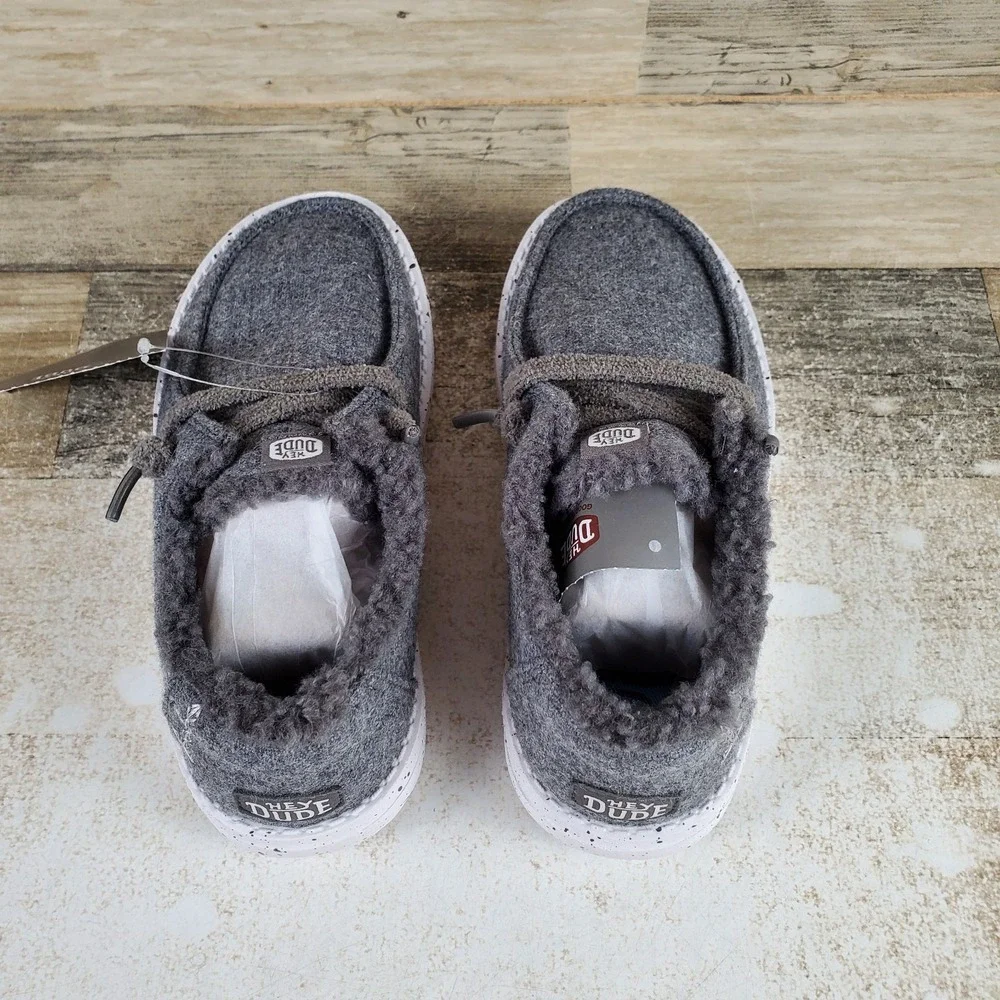 Hey Dude Wendy Wool Cozy Kids Shoes 13 C13 Charcoal White Round Toe Low Top